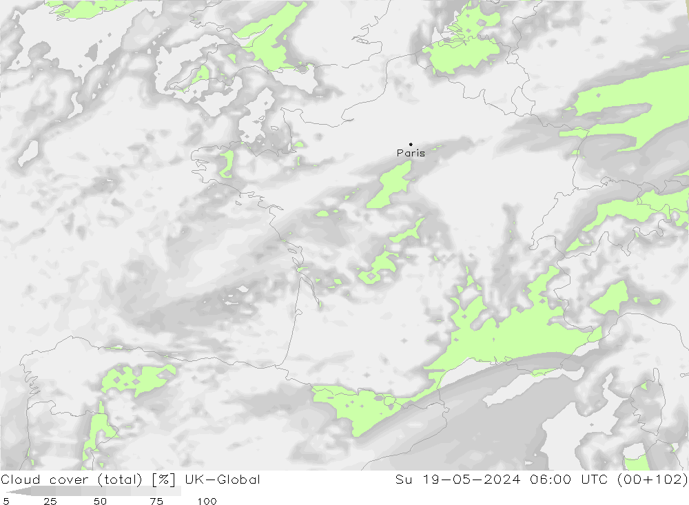 Bewolking (Totaal) UK-Global zo 19.05.2024 06 UTC