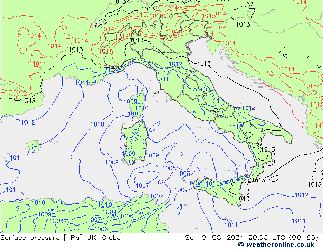 Pressione al suolo UK-Global dom 19.05.2024 00 UTC