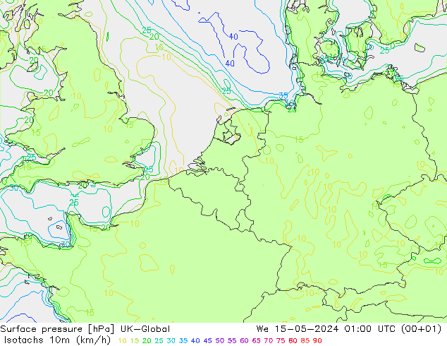 10米等风速线 (kph) UK-Global 星期三 15.05.2024 01 UTC