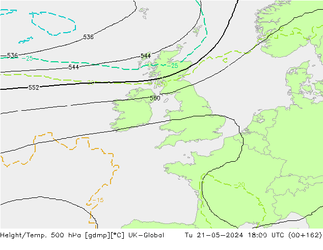 Height/Temp. 500 hPa UK-Global Tu 21.05.2024 18 UTC