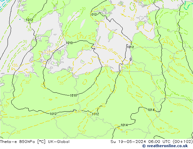 Theta-e 850hPa UK-Global Su 19.05.2024 06 UTC