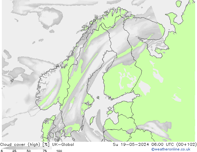 Cloud cover (high) UK-Global Su 19.05.2024 06 UTC