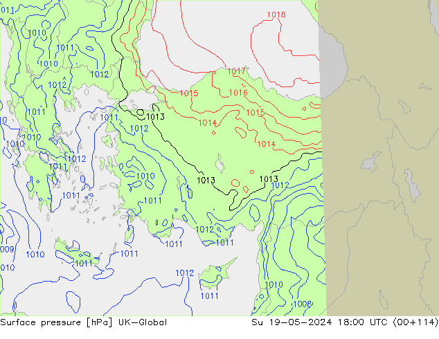 Pressione al suolo UK-Global dom 19.05.2024 18 UTC