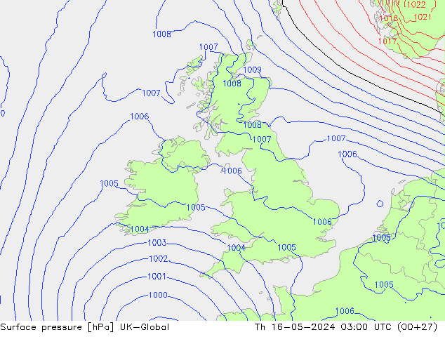Pressione al suolo UK-Global gio 16.05.2024 03 UTC