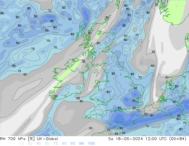 Humidité rel. 700 hPa UK-Global sam 18.05.2024 12 UTC
