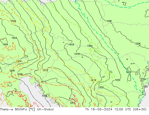 Theta-e 850hPa UK-Global Qui 16.05.2024 12 UTC