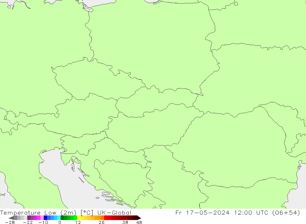 Min.temperatuur (2m) UK-Global vr 17.05.2024 12 UTC