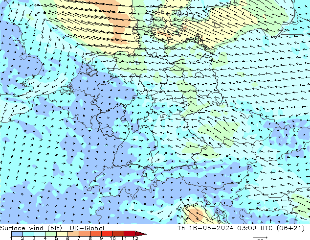 Wind 10 m (bft) UK-Global do 16.05.2024 03 UTC
