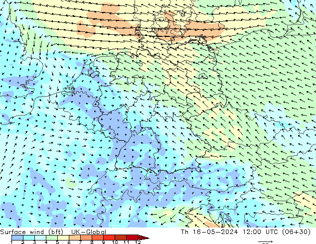 Surface wind (bft) UK-Global Čt 16.05.2024 12 UTC