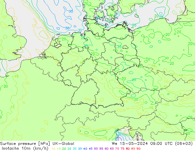 Isotachen (km/h) UK-Global wo 15.05.2024 09 UTC