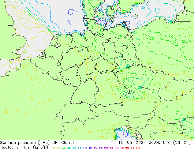 10米等风速线 (kph) UK-Global 星期四 16.05.2024 06 UTC