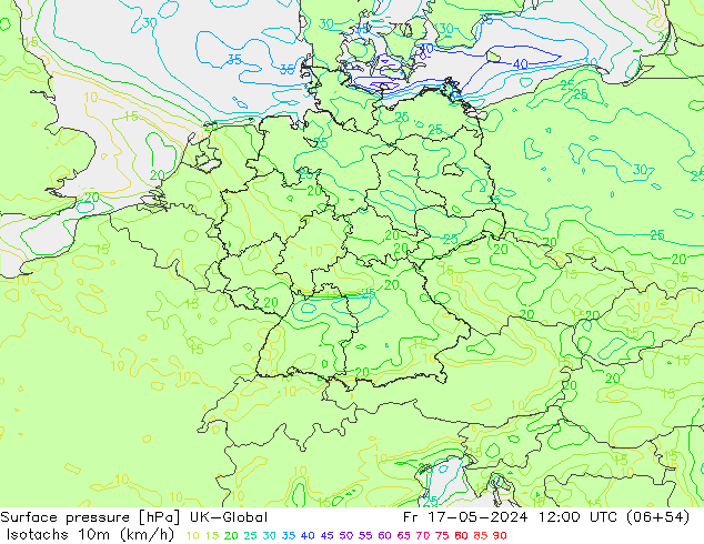 Isotachs (kph) UK-Global Fr 17.05.2024 12 UTC