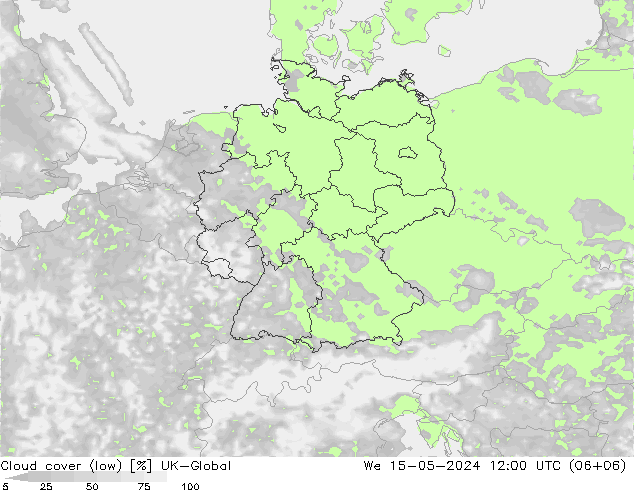 Cloud cover (low) UK-Global We 15.05.2024 12 UTC