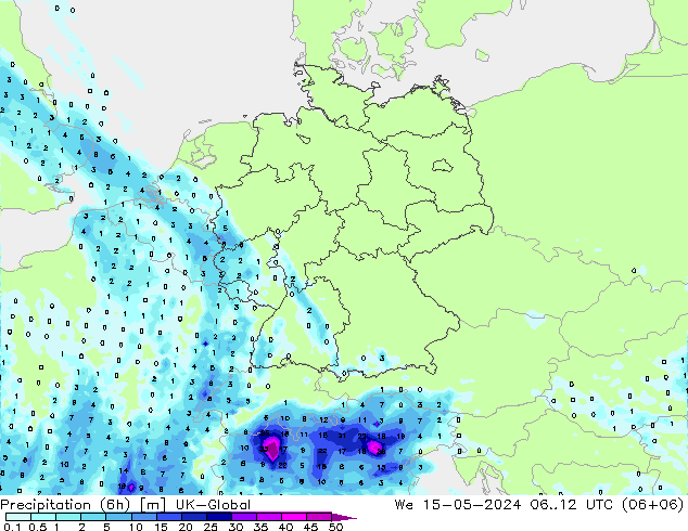 Precipitación (6h) UK-Global mié 15.05.2024 12 UTC