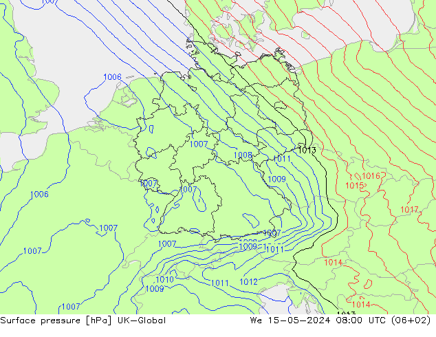 Presión superficial UK-Global mié 15.05.2024 08 UTC