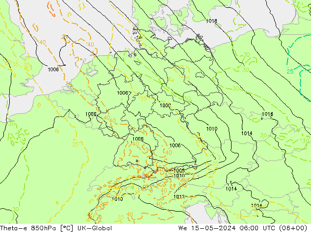 Theta-e 850hPa UK-Global wo 15.05.2024 06 UTC