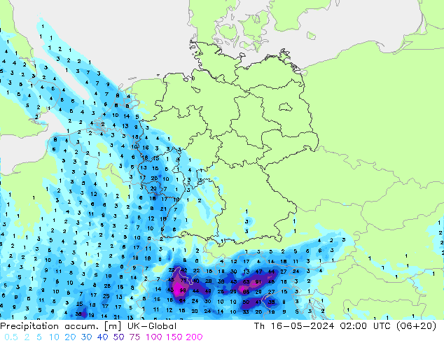 Precipitation accum. UK-Global Th 16.05.2024 02 UTC