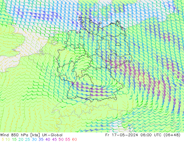 Wind 850 hPa UK-Global Pá 17.05.2024 06 UTC