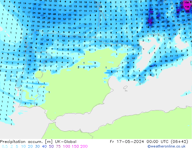 Totale neerslag UK-Global vr 17.05.2024 00 UTC