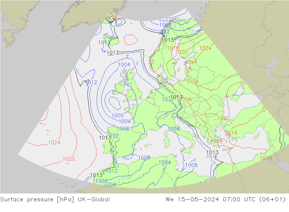 Surface pressure UK-Global We 15.05.2024 07 UTC