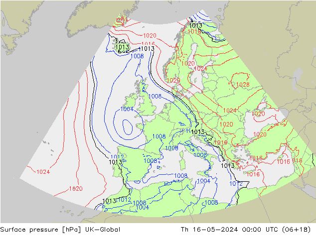 Pressione al suolo UK-Global gio 16.05.2024 00 UTC