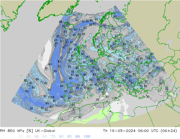 RH 850 hPa UK-Global 星期四 16.05.2024 06 UTC