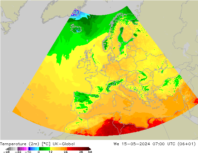 Temperaturkarte (2m) UK-Global Mi 15.05.2024 07 UTC