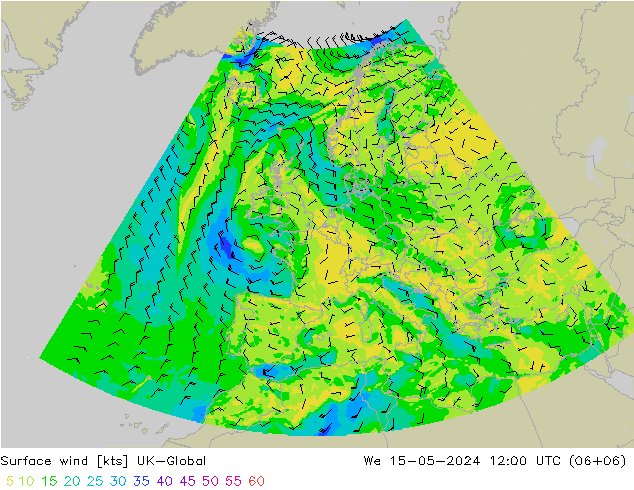 Vento 10 m UK-Global mer 15.05.2024 12 UTC