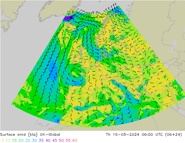 Surface wind UK-Global Čt 16.05.2024 06 UTC