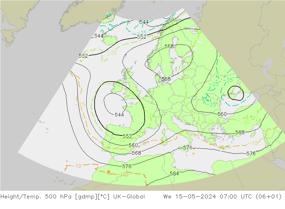 Height/Temp. 500 hPa UK-Global mer 15.05.2024 07 UTC
