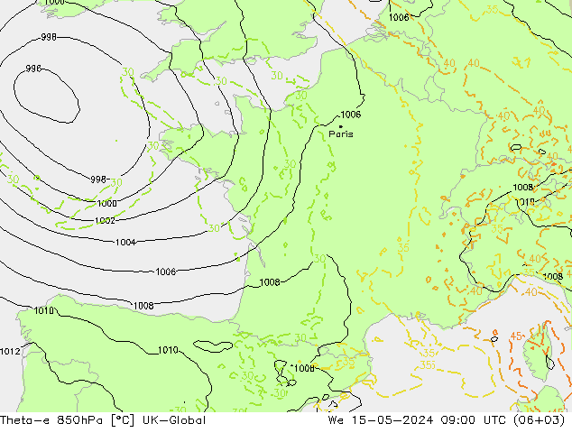 Theta-e 850hPa UK-Global Mi 15.05.2024 09 UTC