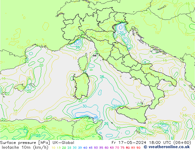 Isotachs (kph) UK-Global Fr 17.05.2024 18 UTC