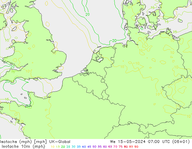 Isotachs (mph) UK-Global 星期三 15.05.2024 07 UTC