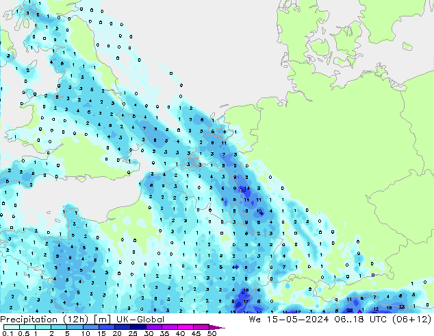 降水量 (12h) UK-Global 星期三 15.05.2024 18 UTC
