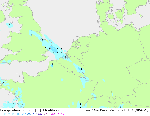 Precipitation accum. UK-Global 星期三 15.05.2024 07 UTC