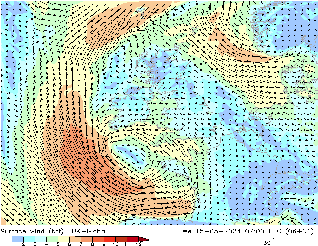 Surface wind (bft) UK-Global St 15.05.2024 07 UTC