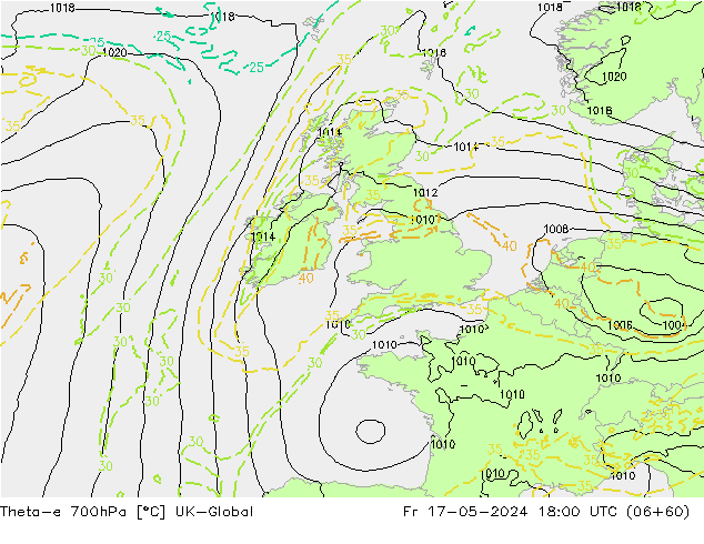 Theta-e 700hPa UK-Global Fr 17.05.2024 18 UTC