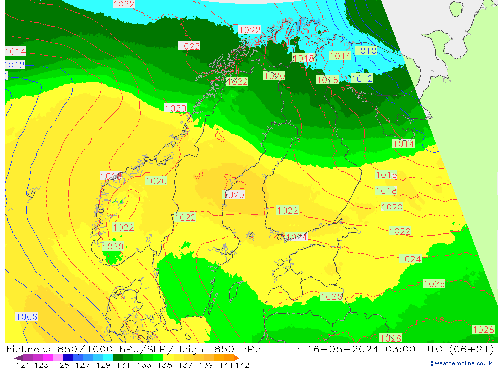 Thck 850-1000 hPa UK-Global czw. 16.05.2024 03 UTC