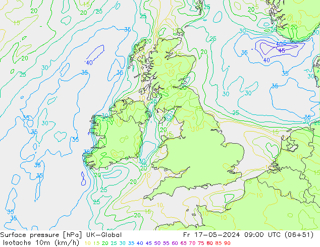 Isotachen (km/h) UK-Global vr 17.05.2024 09 UTC