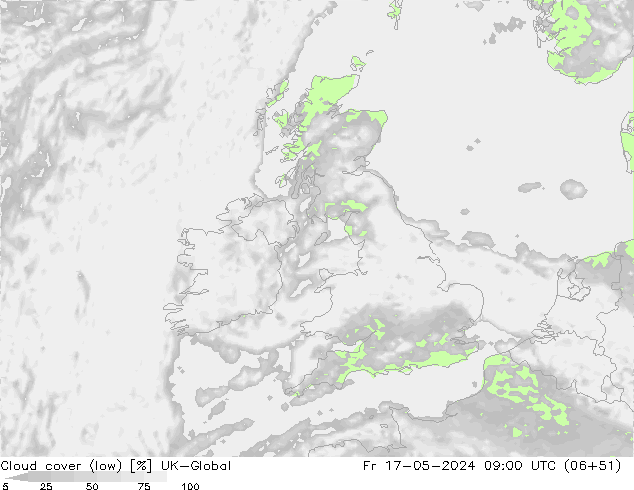 Bewolking (Laag) UK-Global vr 17.05.2024 09 UTC