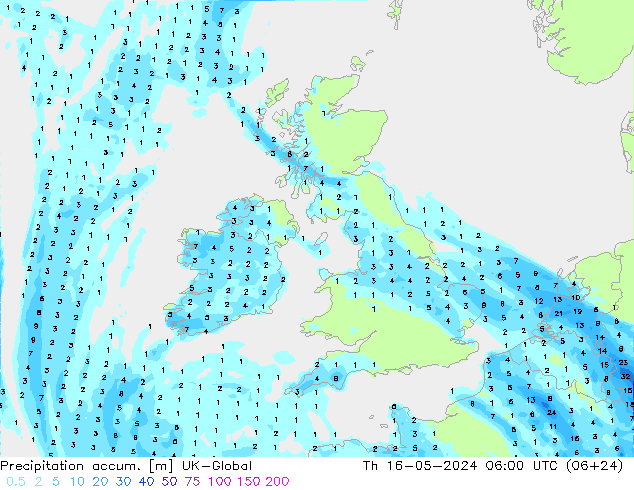 Precipitation accum. UK-Global czw. 16.05.2024 06 UTC