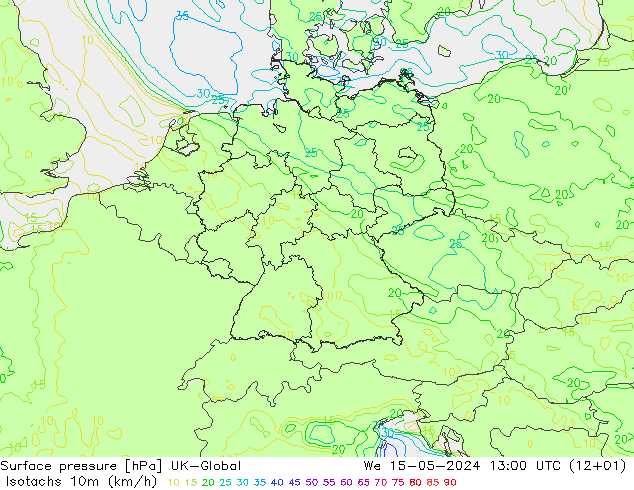 Isotachen (km/h) UK-Global wo 15.05.2024 13 UTC