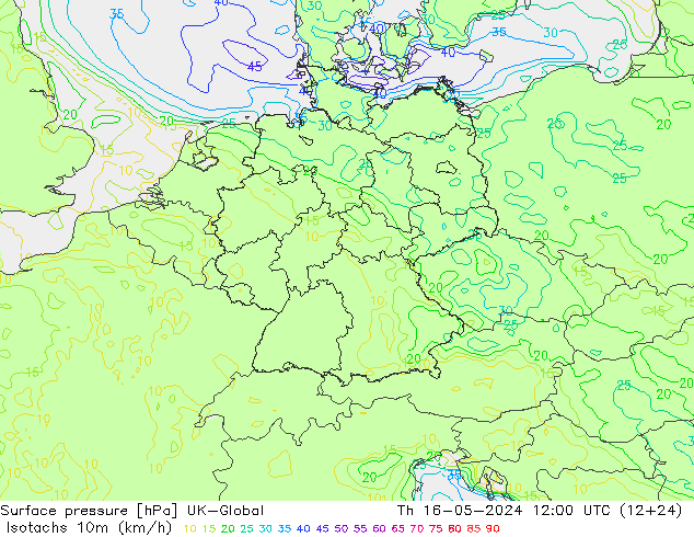 10米等风速线 (kph) UK-Global 星期四 16.05.2024 12 UTC