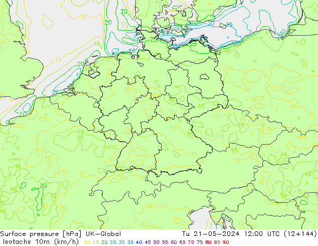 Isotachs (kph) UK-Global mar 21.05.2024 12 UTC