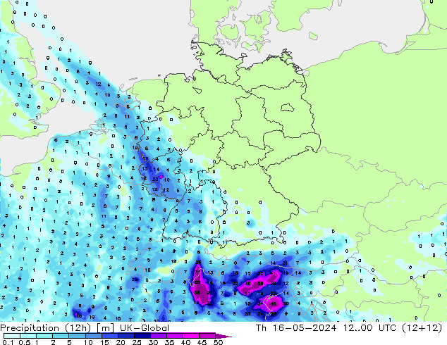 Precipitazione (12h) UK-Global gio 16.05.2024 00 UTC