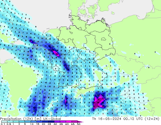 Precipitation (12h) UK-Global Čt 16.05.2024 12 UTC