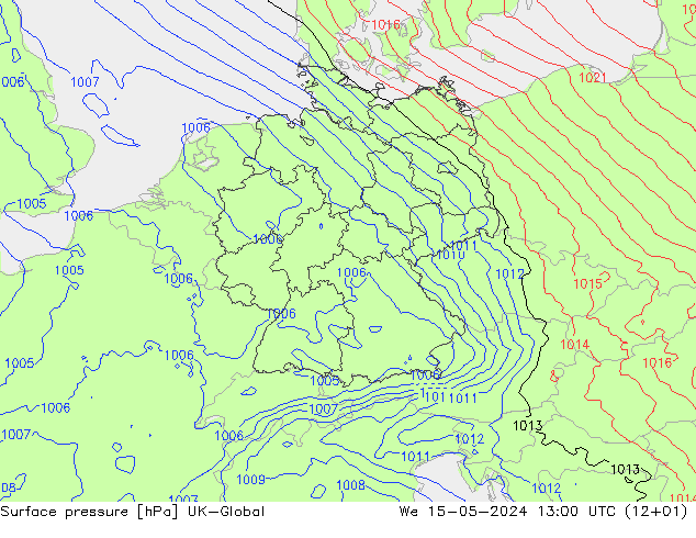 地面气压 UK-Global 星期三 15.05.2024 13 UTC