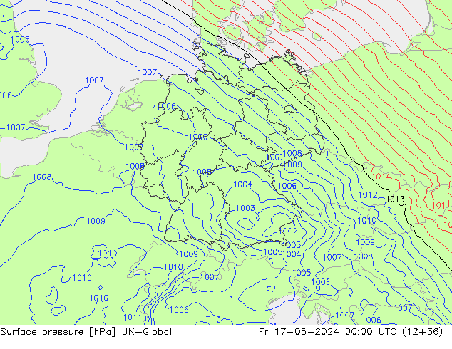 Pressione al suolo UK-Global ven 17.05.2024 00 UTC