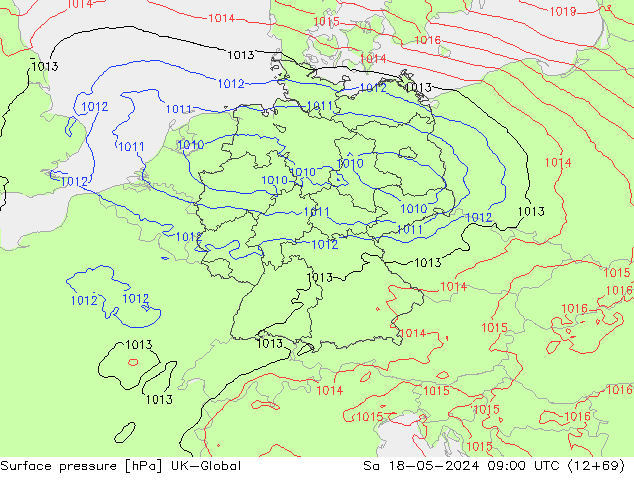 Atmosférický tlak UK-Global So 18.05.2024 09 UTC
