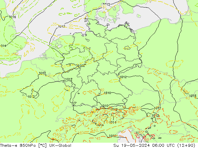 Theta-e 850hPa UK-Global Su 19.05.2024 06 UTC